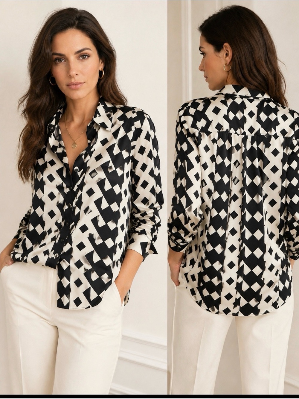 SISLEY  Black and Cream Geometric Button-Up Shirt